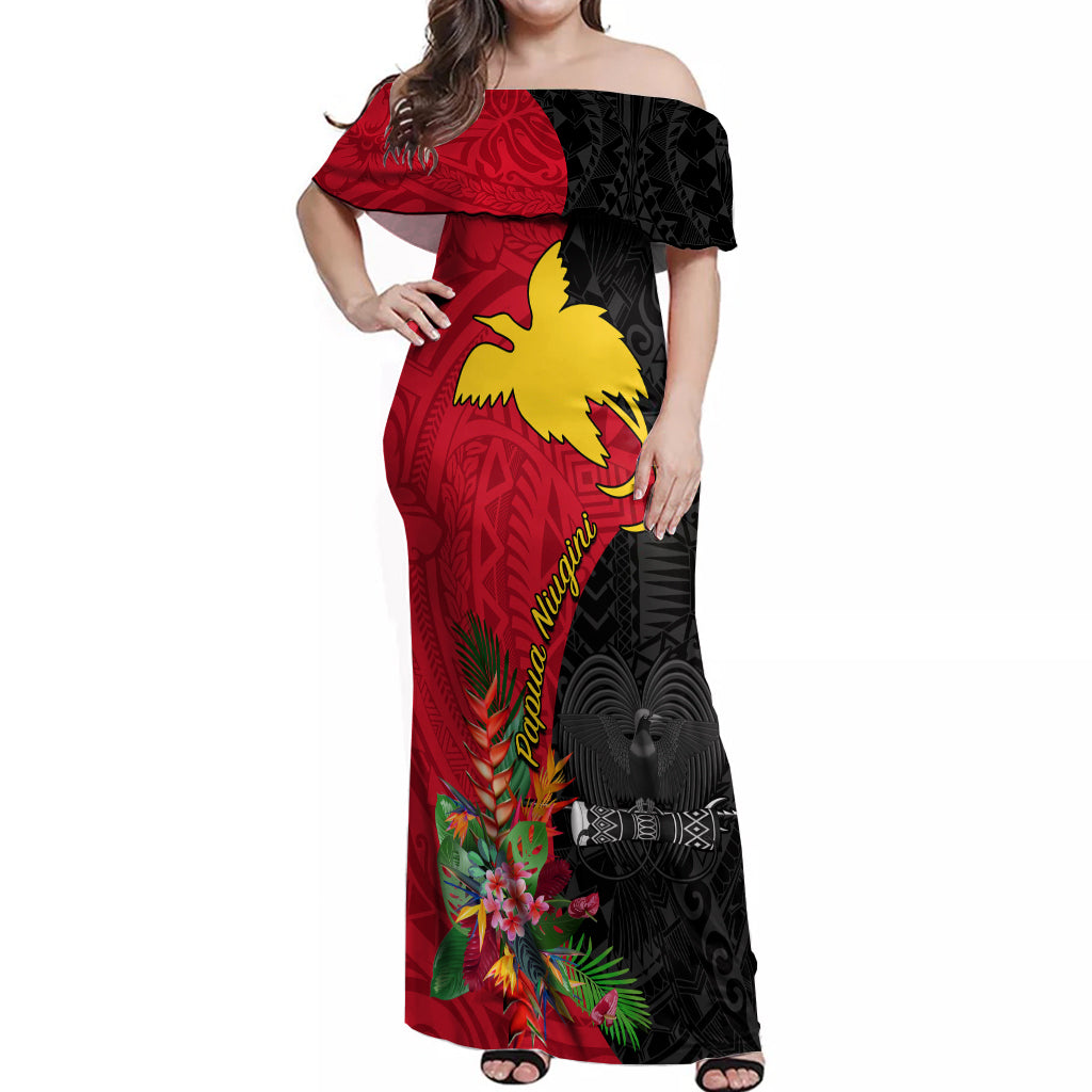 Papua New Guinea Off Shoulder Maxi Dress Birds Of Paradise Mix Tropical Flower Polynesian Pattern LT03 Women Red - Polynesian Pride