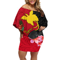 Papua New Guinea Off Shoulder Short Dress Birds Of Paradise Mix Tropical Flower Polynesian Pattern LT03 Women Red - Polynesian Pride