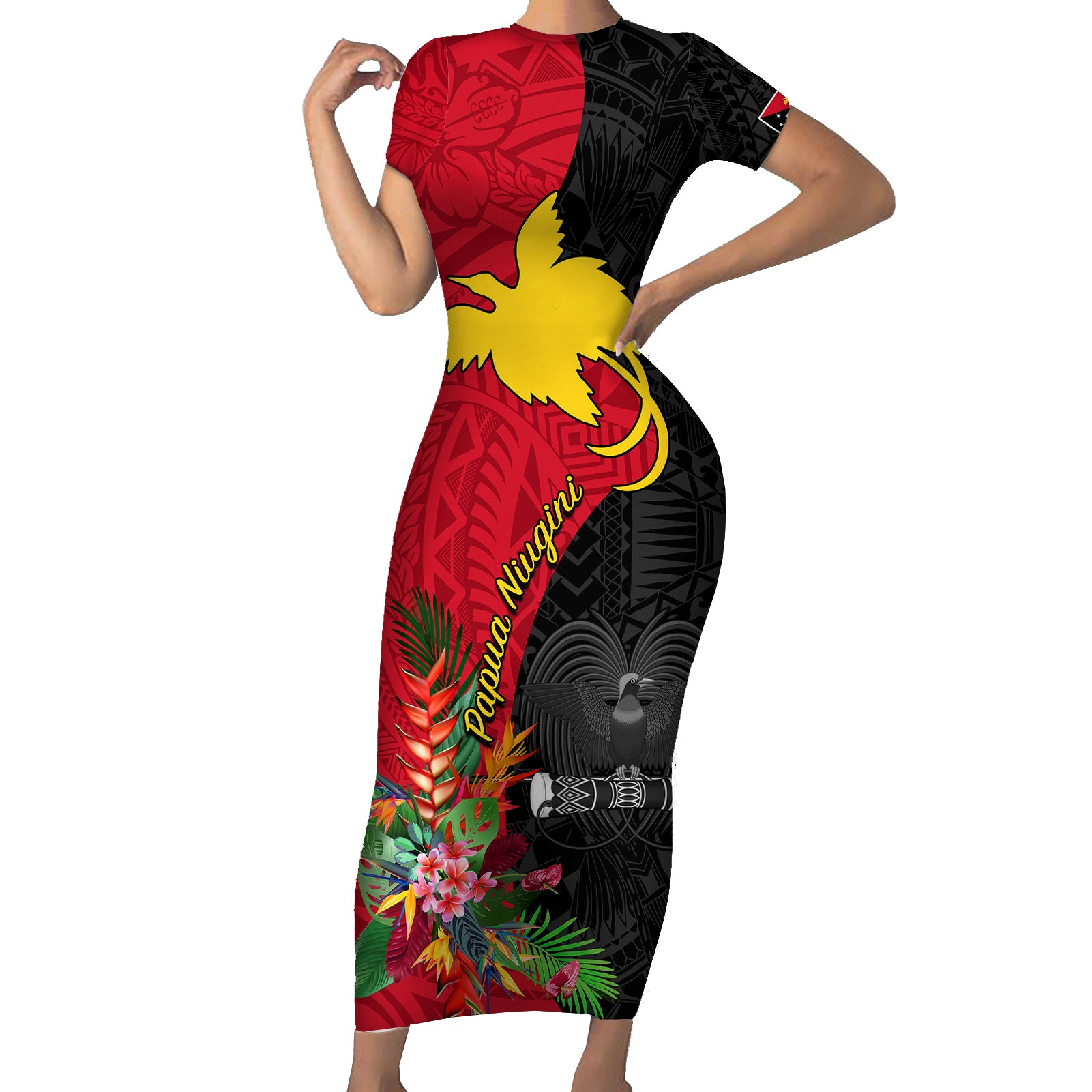 Papua New Guinea Short Sleeve Bodycon Dress Birds Of Paradise Mix Tropical Flower Polynesian Pattern LT03 Long Dress Red - Polynesian Pride