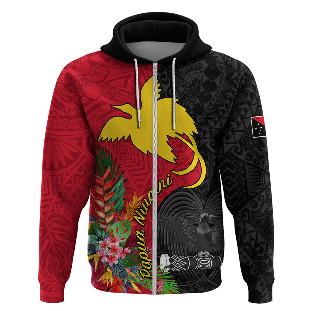 Custom Papua New Guinea Hoodie Birds Of Paradise Mix Tropical Flower Polynesian Pattern LT03 Zip Hoodie Red - Polynesian Pride