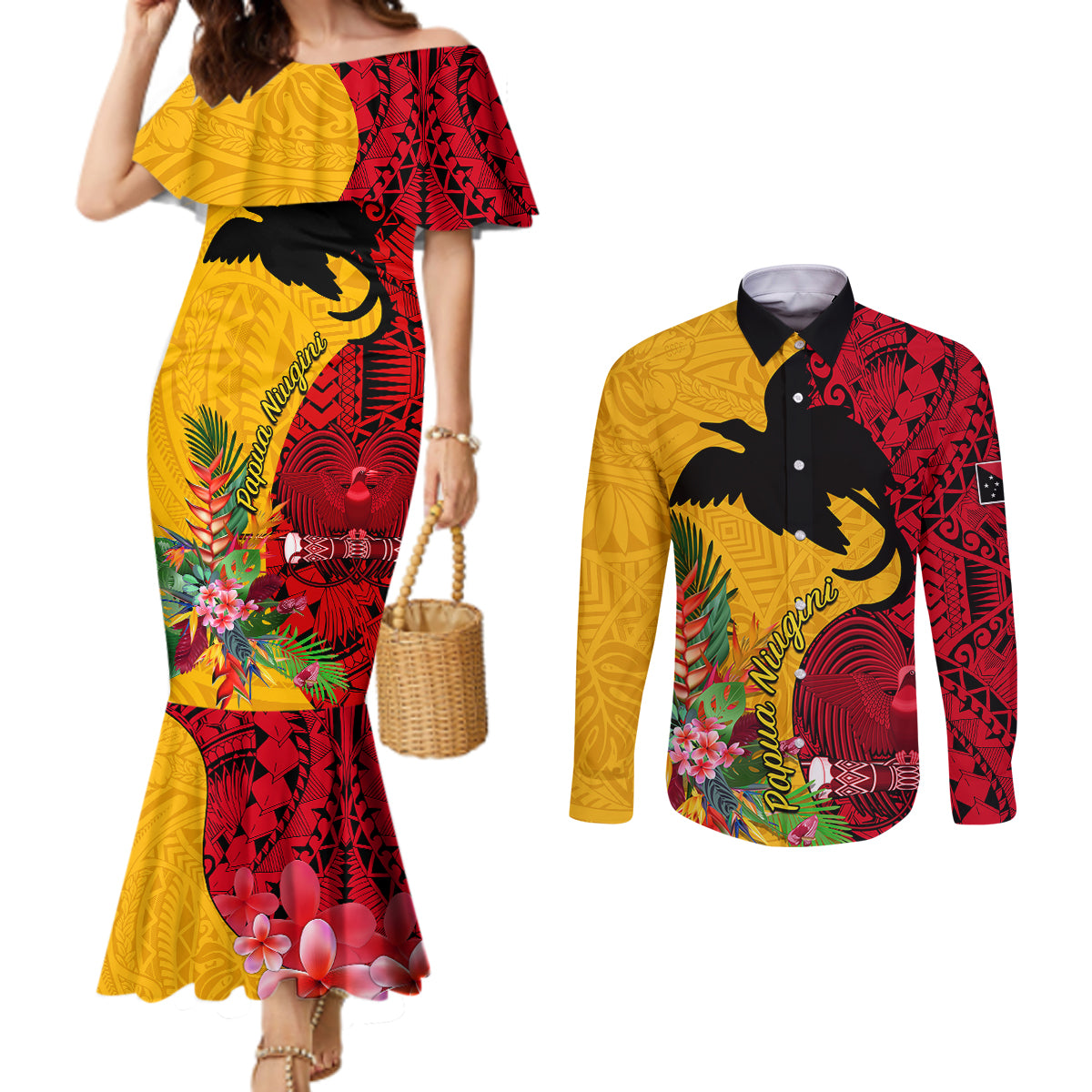 Papua New Guinea Couples Matching Mermaid Dress and Long Sleeve Button Shirts Birds Of Paradise Mix Tropical Flower Polynesian Pattern LT03 Yellow - Polynesian Pride