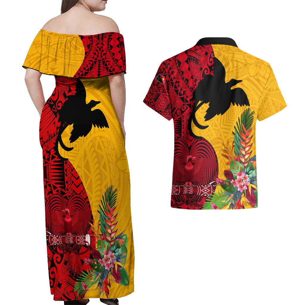 Papua New Guinea Couples Matching Off Shoulder Maxi Dress and Hawaiian Shirt Birds Of Paradise Mix Tropical Flower Polynesian Pattern LT03 - Polynesian Pride