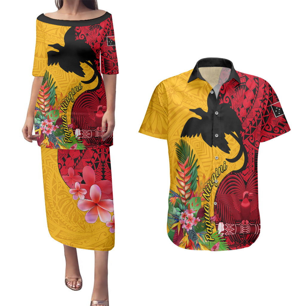 Papua New Guinea Couples Matching Puletasi Dress and Hawaiian Shirt Birds Of Paradise Mix Tropical Flower Polynesian Pattern LT03 Yellow - Polynesian Pride