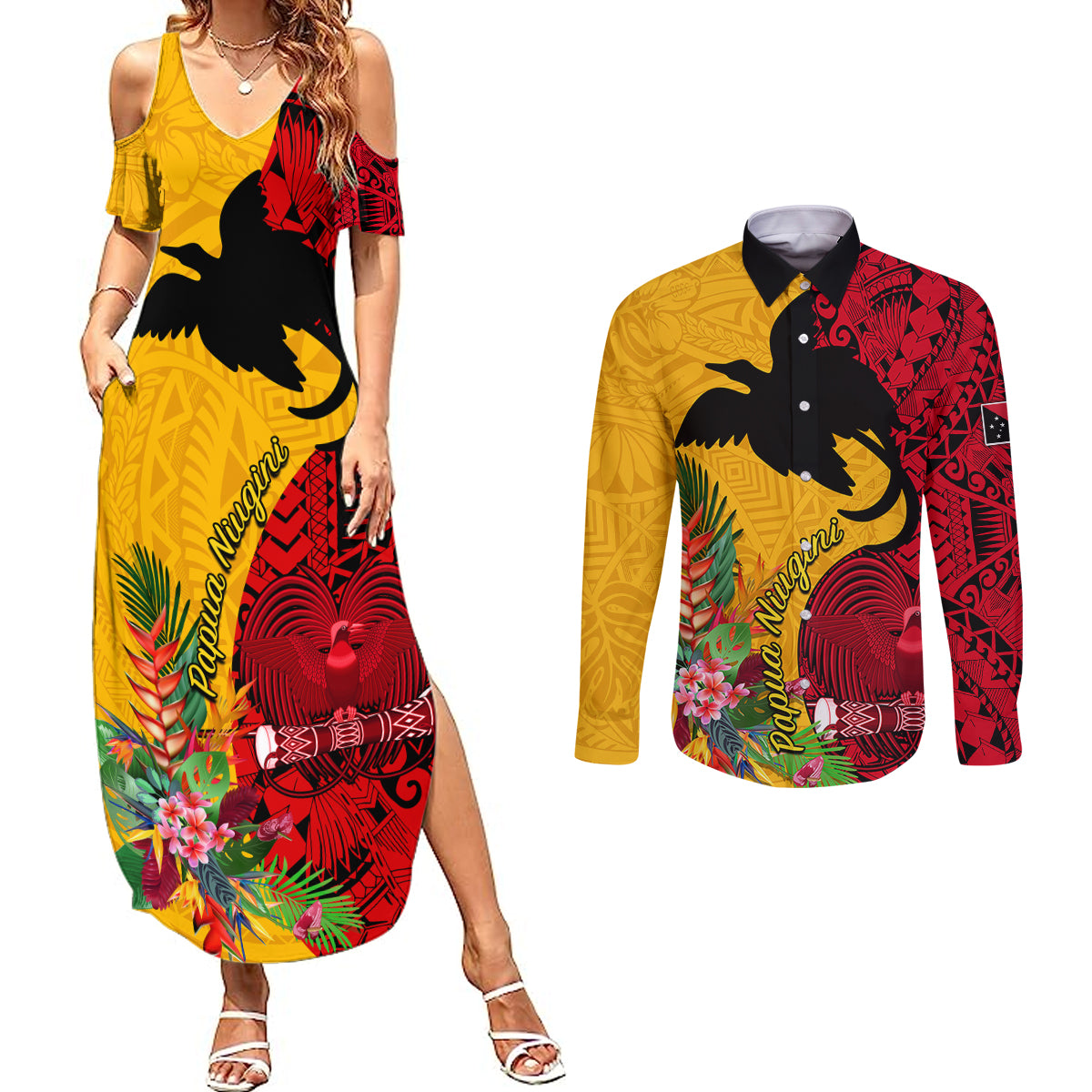 Papua New Guinea Couples Matching Summer Maxi Dress and Long Sleeve Button Shirts Birds Of Paradise Mix Tropical Flower Polynesian Pattern LT03 Yellow - Polynesian Pride