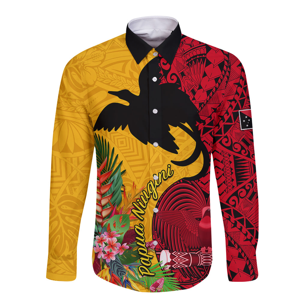 Papua New Guinea Long Sleeve Button Shirt Birds Of Paradise Mix Tropical Flower Polynesian Pattern LT03 Unisex Yellow - Polynesian Pride