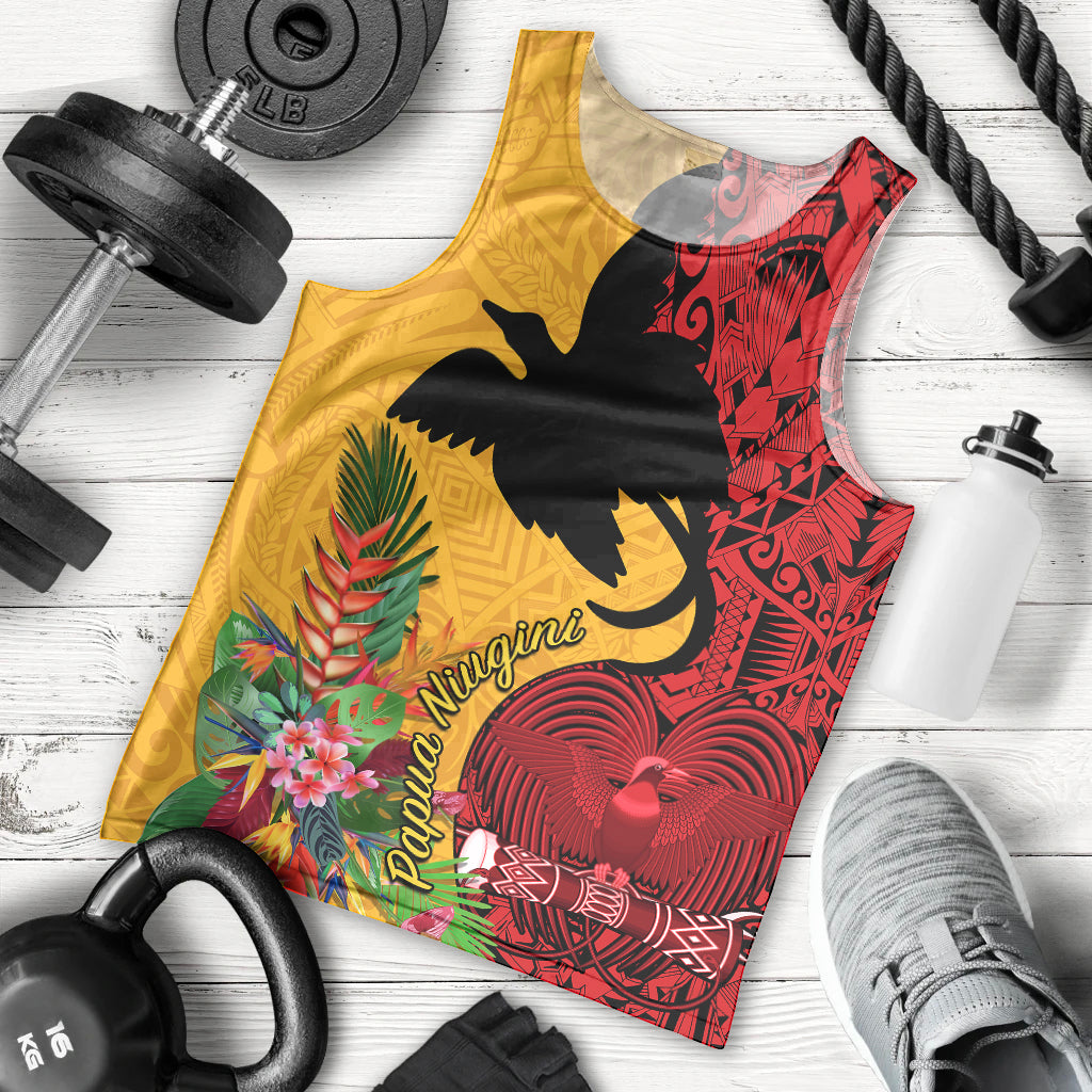 Papua New Guinea Men Tank Top Birds Of Paradise Mix Tropical Flower Polynesian Pattern LT03 Yellow - Polynesian Pride