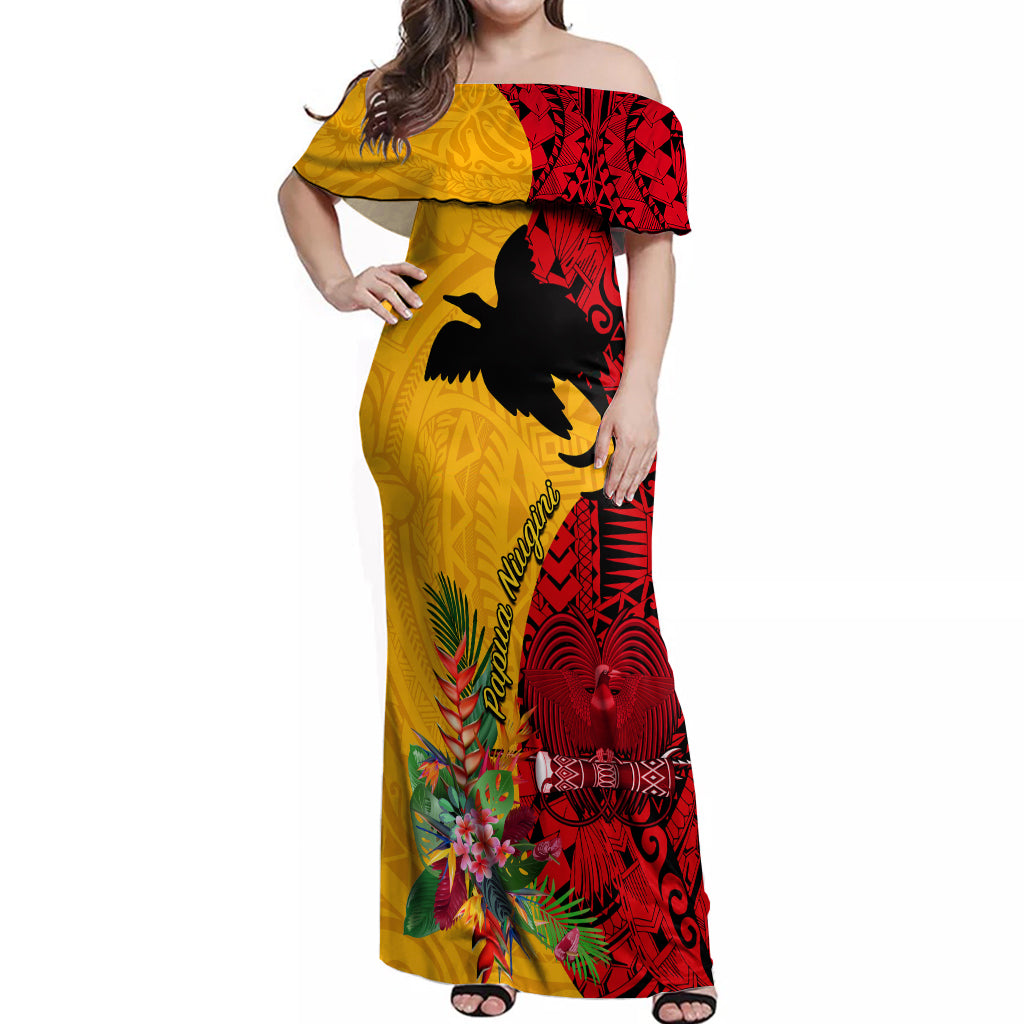 Papua New Guinea Off Shoulder Maxi Dress Birds Of Paradise Mix Tropical Flower Polynesian Pattern LT03 Women Yellow - Polynesian Pride