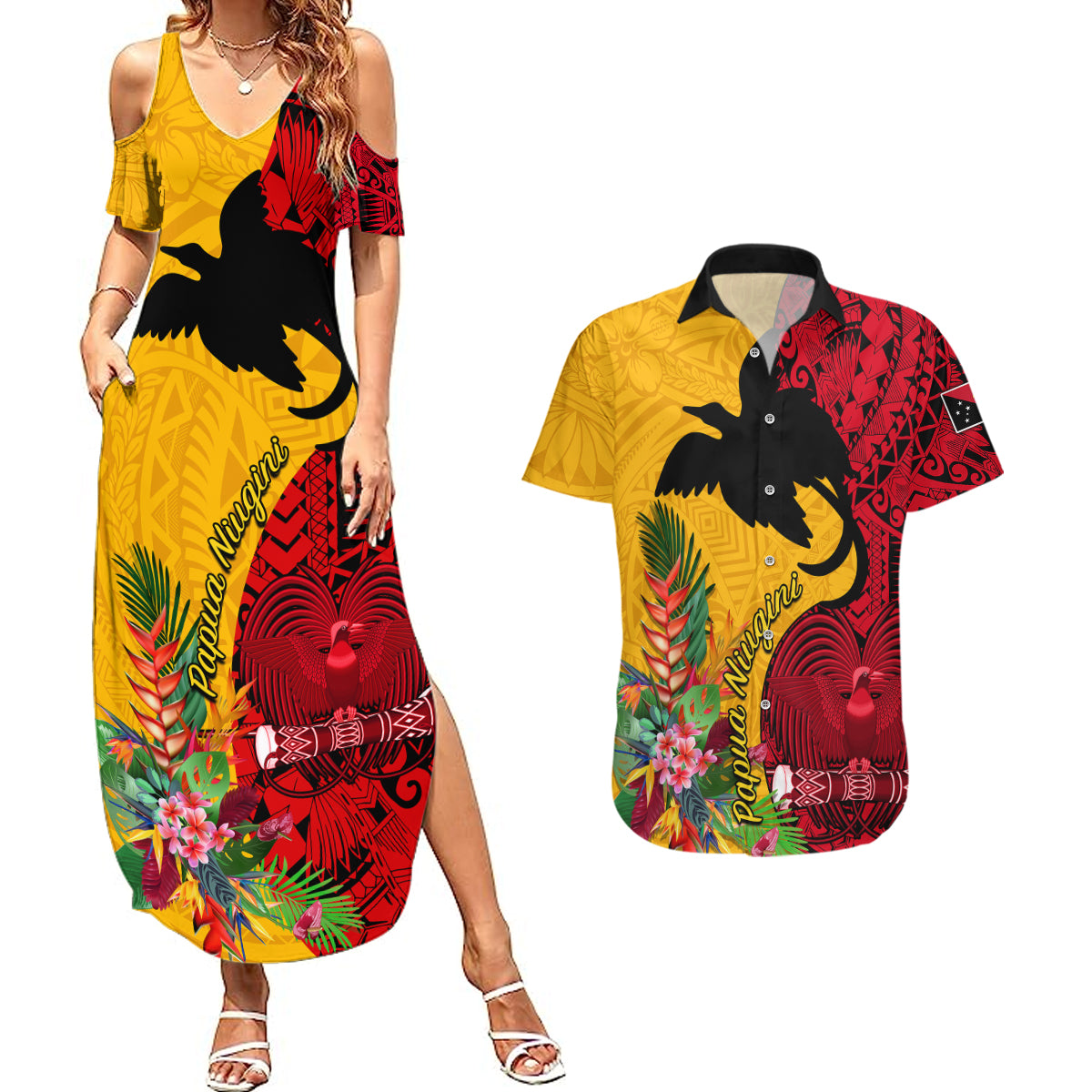 Custom Papua New Guinea Couples Matching Summer Maxi Dress and Hawaiian Shirt Birds Of Paradise Mix Tropical Flower Polynesian Pattern LT03 Yellow - Polynesian Pride