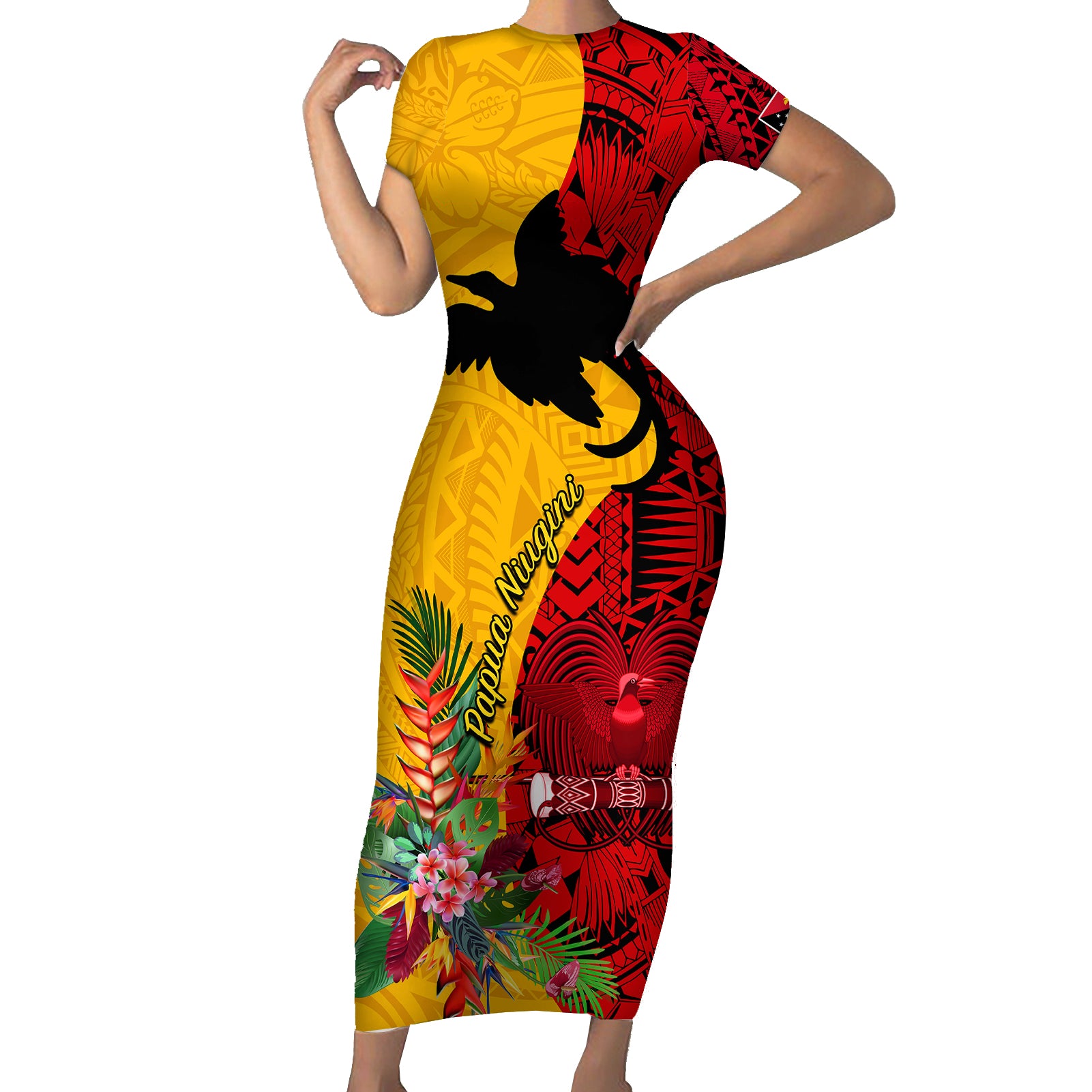 Custom Papua New Guinea Short Sleeve Bodycon Dress Birds Of Paradise Mix Tropical Flower Polynesian Pattern LT03 Long Dress Yellow - Polynesian Pride