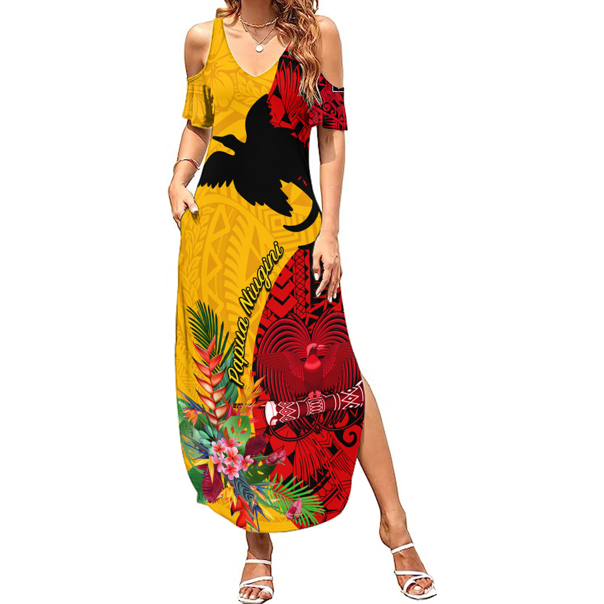 Custom Papua New Guinea Summer Maxi Dress Birds Of Paradise Mix Tropical Flower Polynesian Pattern LT03 Women Yellow - Polynesian Pride