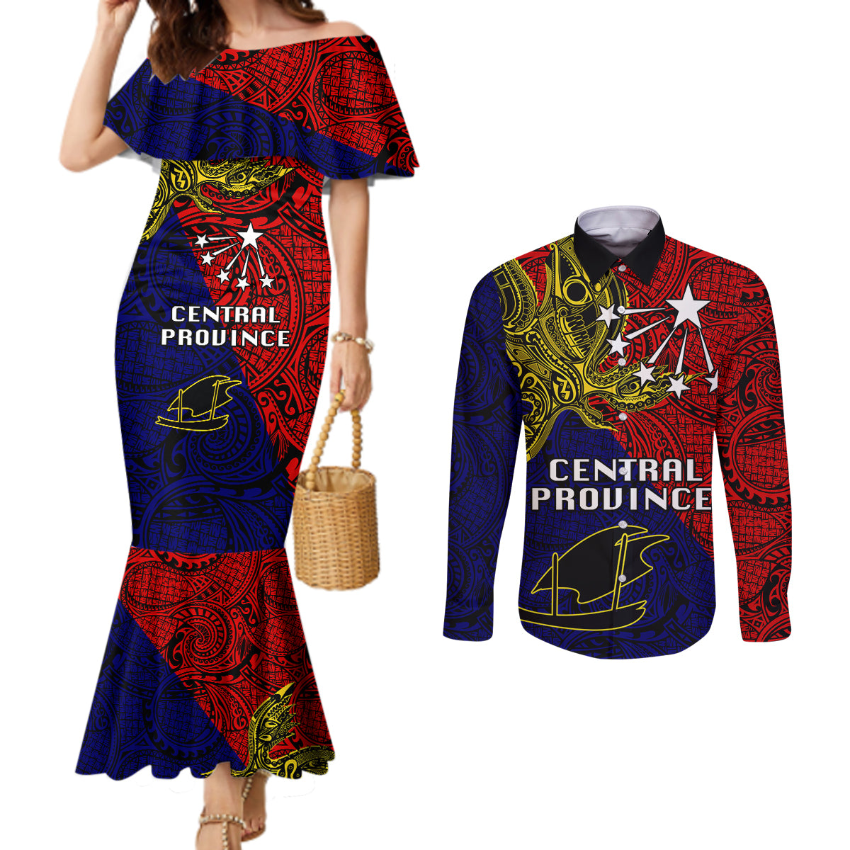 Papua New Guinea Central Province Couples Matching Mermaid Dress and Long Sleeve Button Shirts PNG Birds Of Paradise Polynesian Arty Style LT03 Red - Polynesian Pride