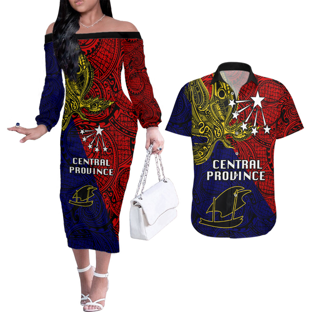 Papua New Guinea Central Province Couples Matching Off The Shoulder Long Sleeve Dress and Hawaiian Shirt PNG Birds Of Paradise Polynesian Arty Style LT03 Red - Polynesian Pride