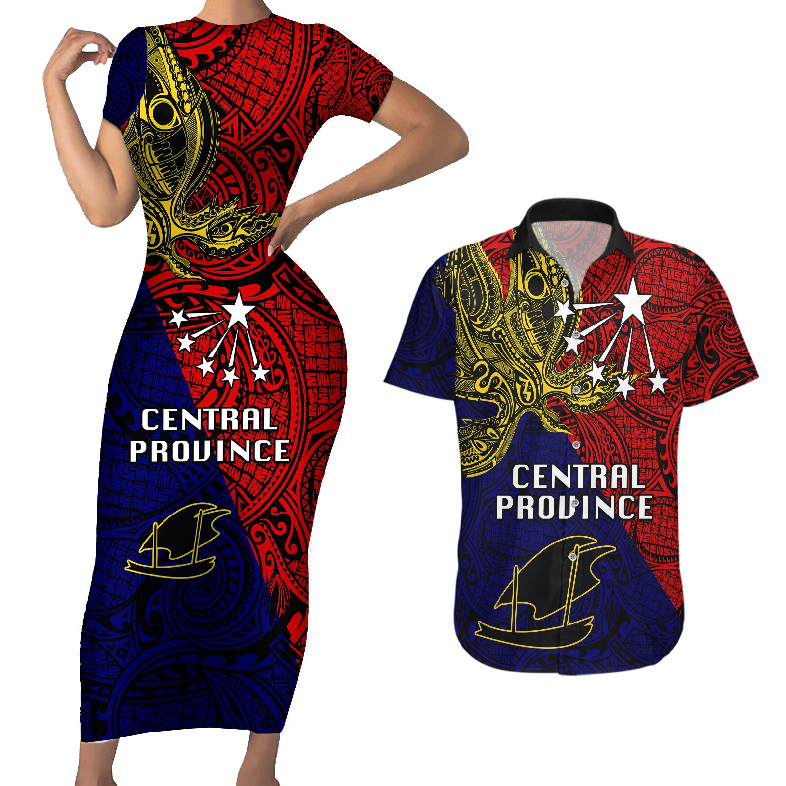 Papua New Guinea Central Province Couples Matching Short Sleeve Bodycon Dress and Hawaiian Shirt PNG Birds Of Paradise Polynesian Arty Style LT03 Red - Polynesian Pride