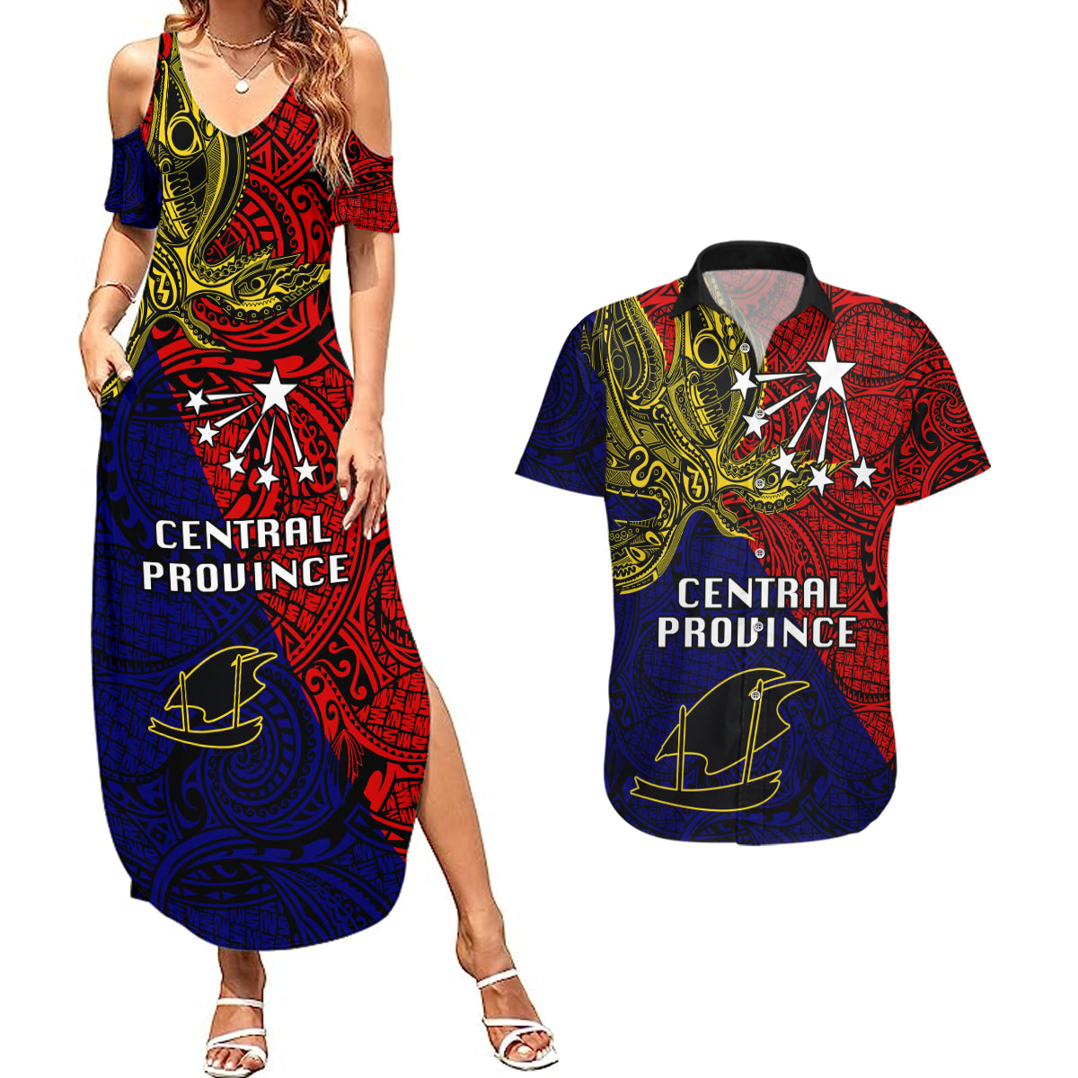 Papua New Guinea Central Province Couples Matching Summer Maxi Dress and Hawaiian Shirt PNG Birds Of Paradise Polynesian Arty Style LT03 Red - Polynesian Pride