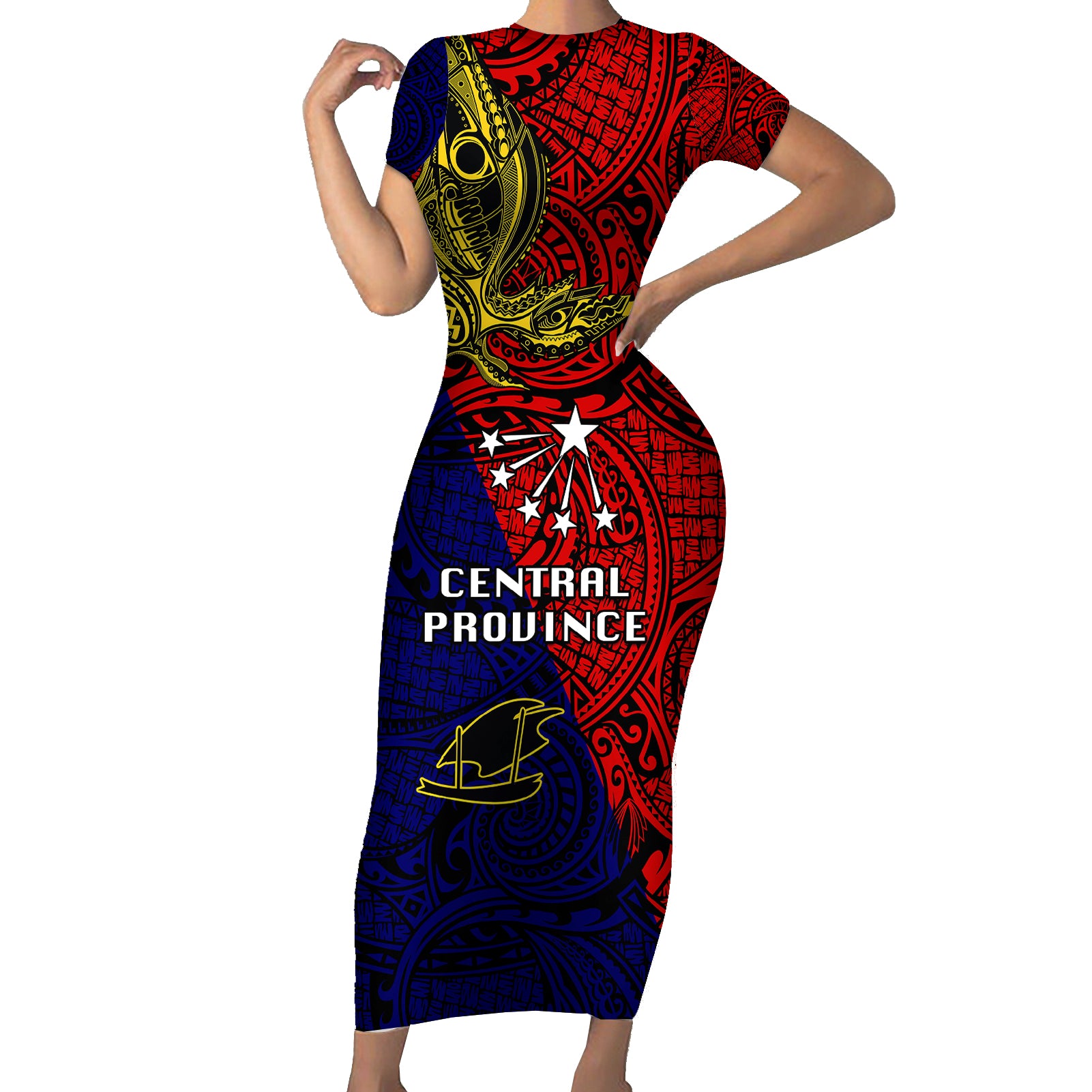 Papua New Guinea Central Province Short Sleeve Bodycon Dress PNG Birds Of Paradise Polynesian Arty Style LT03 Long Dress Red - Polynesian Pride