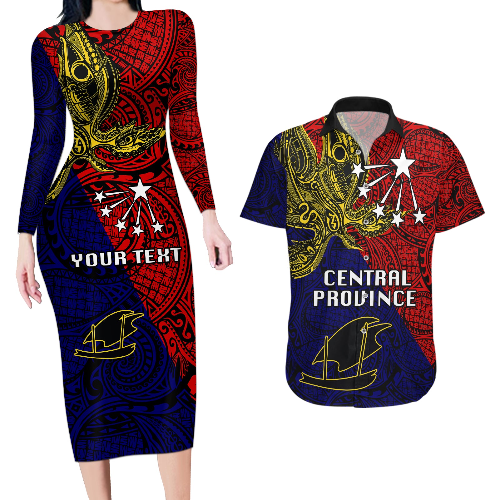Custom Papua New Guinea Central Province Couples Matching Long Sleeve Bodycon Dress and Hawaiian Shirt PNG Birds Of Paradise Polynesian Arty Style LT03 Red - Polynesian Pride