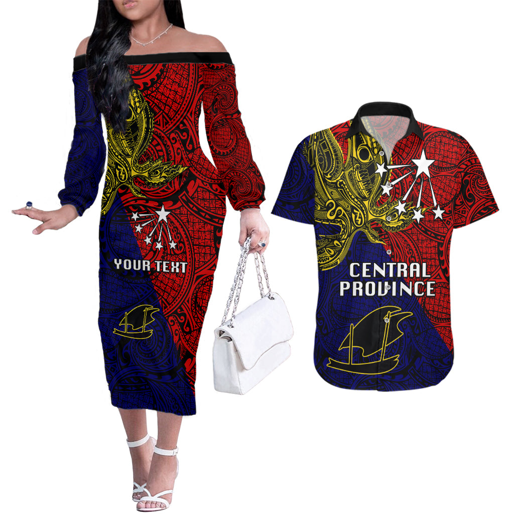 Custom Papua New Guinea Central Province Couples Matching Off The Shoulder Long Sleeve Dress and Hawaiian Shirt PNG Birds Of Paradise Polynesian Arty Style LT03 Red - Polynesian Pride