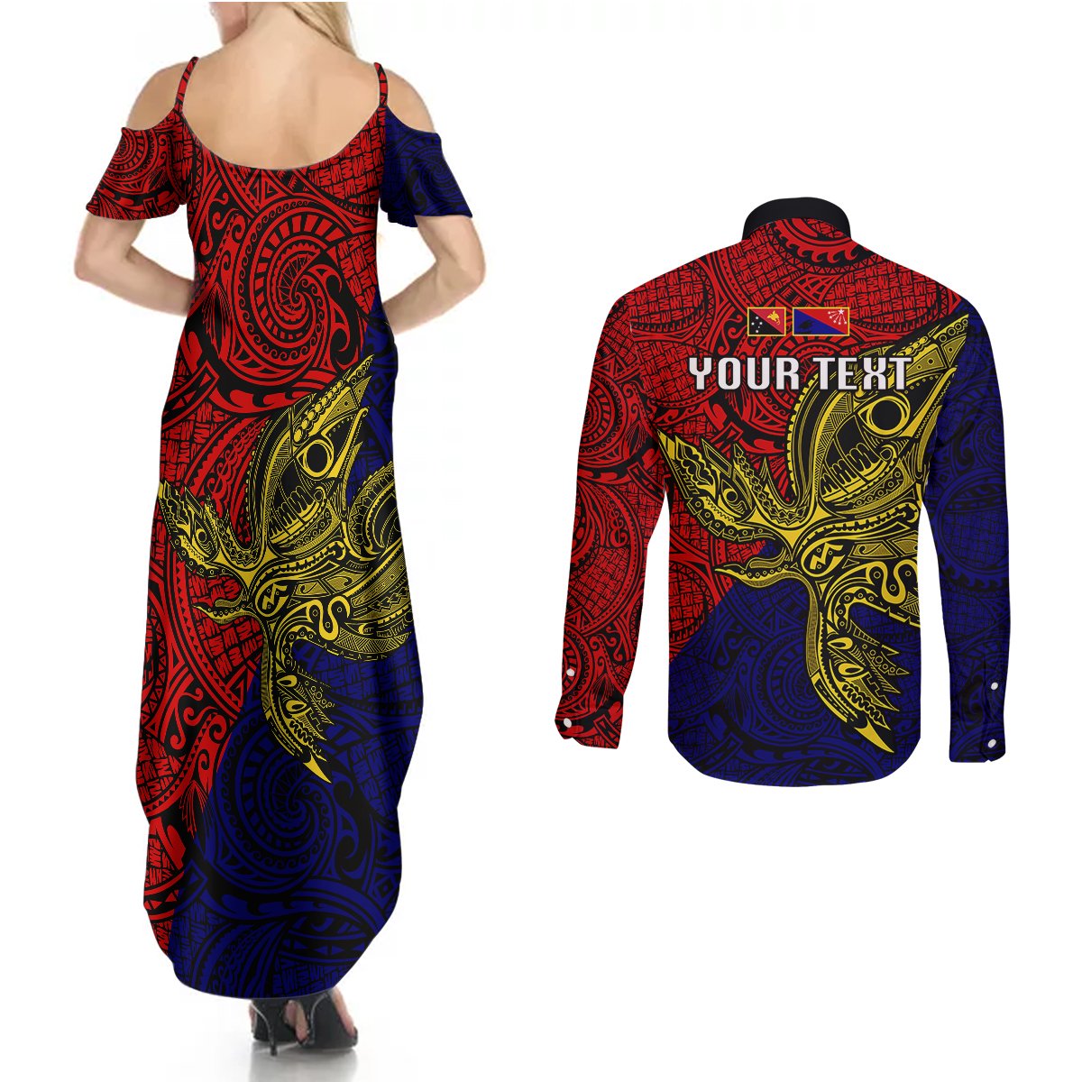 Custom Papua New Guinea Central Province Couples Matching Summer Maxi Dress and Long Sleeve Button Shirts PNG Birds Of Paradise Polynesian Arty Style LT03 - Polynesian Pride