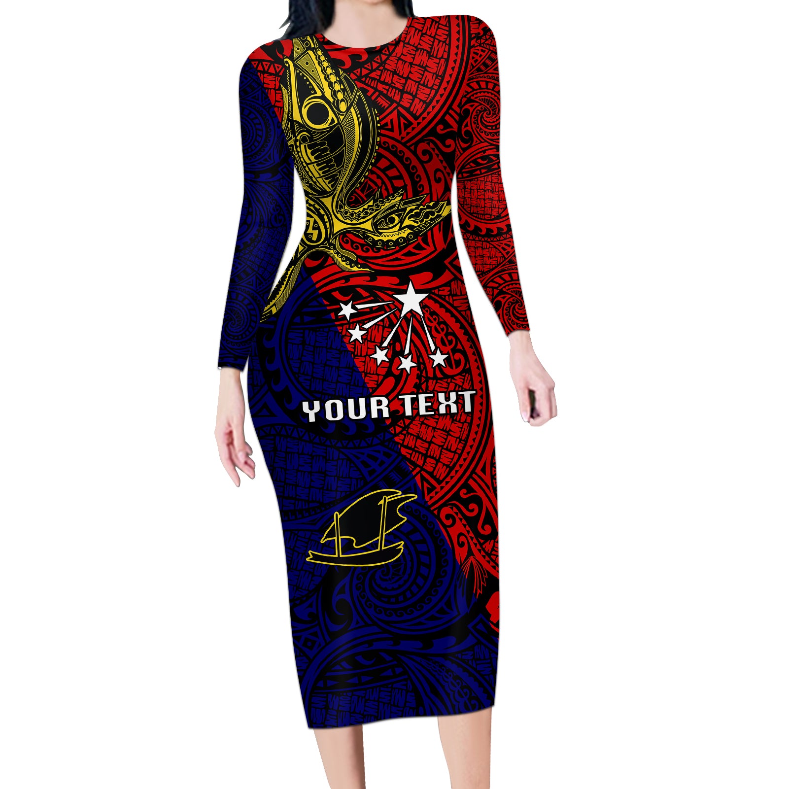 Custom Papua New Guinea Central Province Long Sleeve Bodycon Dress PNG Birds Of Paradise Polynesian Arty Style LT03 Long Dress Red - Polynesian Pride