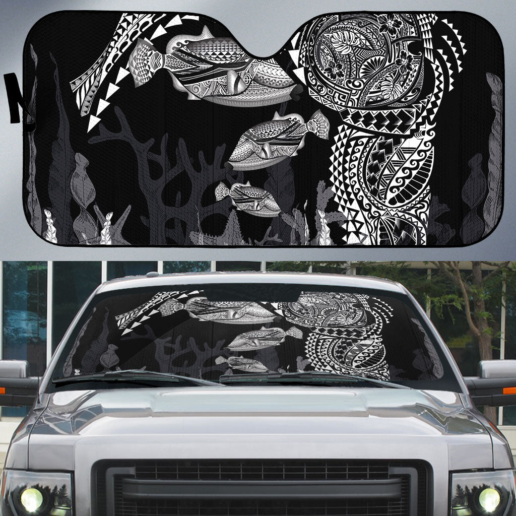 Hawaiian Reef Triggerfish Auto Sun Shade Polynesian Art with Tribal Humuhumunukunukuapua'a LT03 Black - Polynesian Pride