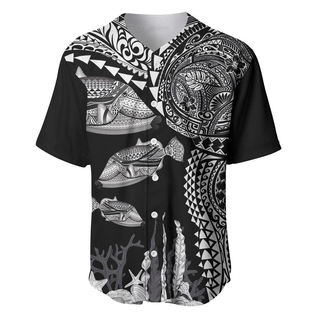 Hawaiian Reef Triggerfish Baseball Jersey Polynesian Art with Tribal Humuhumunukunukuapua'a LT03 Black - Polynesian Pride