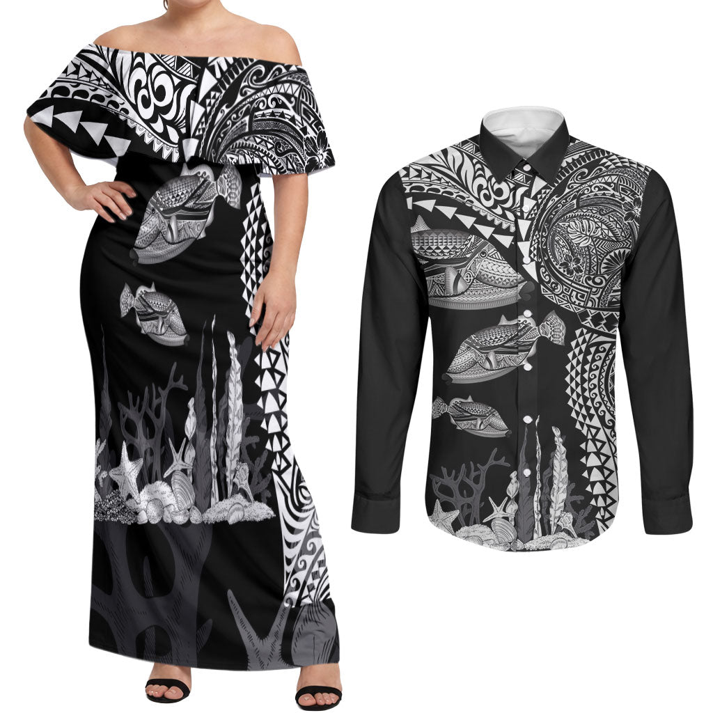 Hawaiian Reef Triggerfish Couples Matching Off Shoulder Maxi Dress and Long Sleeve Button Shirt Polynesian Art with Tribal Humuhumunukunukuapua'a LT03 Black - Polynesian Pride