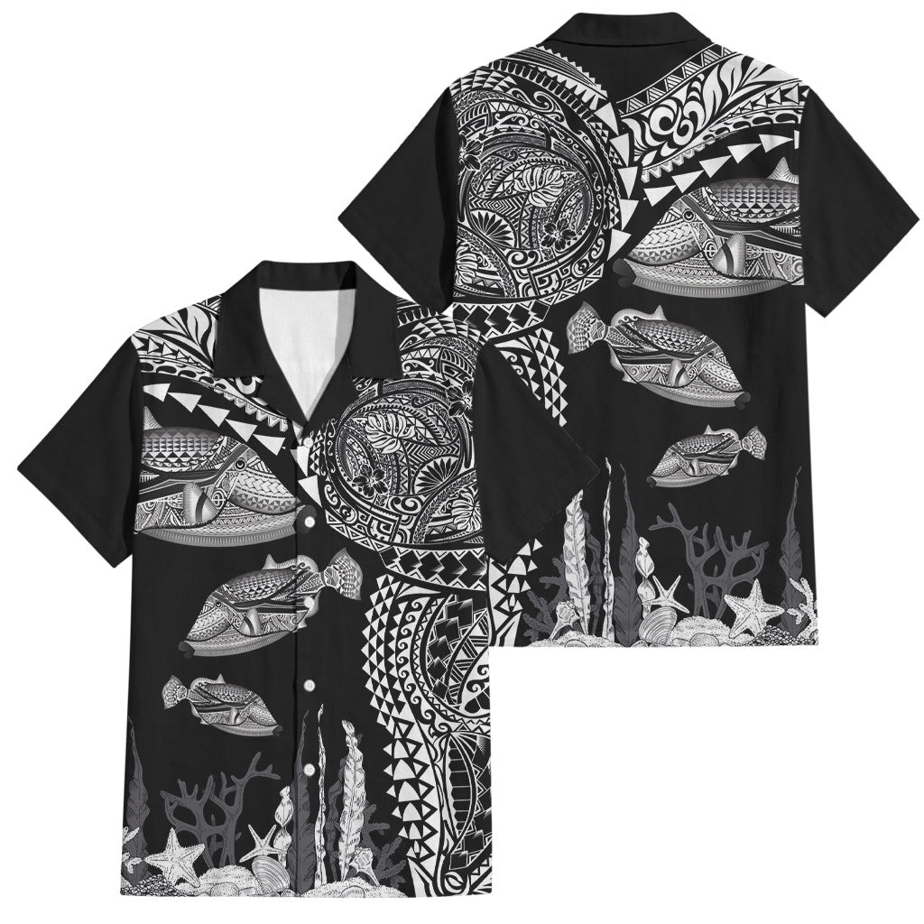 Hawaiian Reef Triggerfish Family Matching Puletasi and Hawaiian Shirt Polynesian Art with Tribal Humuhumunukunukuapua'a LT03 Dad's Shirt - Short Sleeve Black - Polynesian Pride
