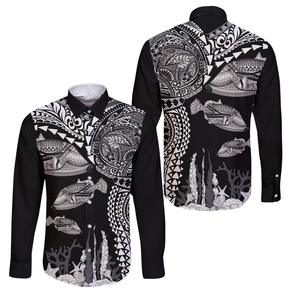 Hawaiian Reef Triggerfish Family Matching Puletasi and Hawaiian Shirt Polynesian Art with Tribal Humuhumunukunukuapua'a LT03 Dad's Shirt - Long Sleeve Black - Polynesian Pride
