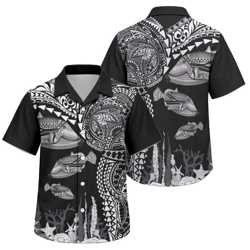 Hawaiian Reef Triggerfish Family Matching Puletasi and Hawaiian Shirt Polynesian Art with Tribal Humuhumunukunukuapua'a LT03 Son's Shirt Black - Polynesian Pride
