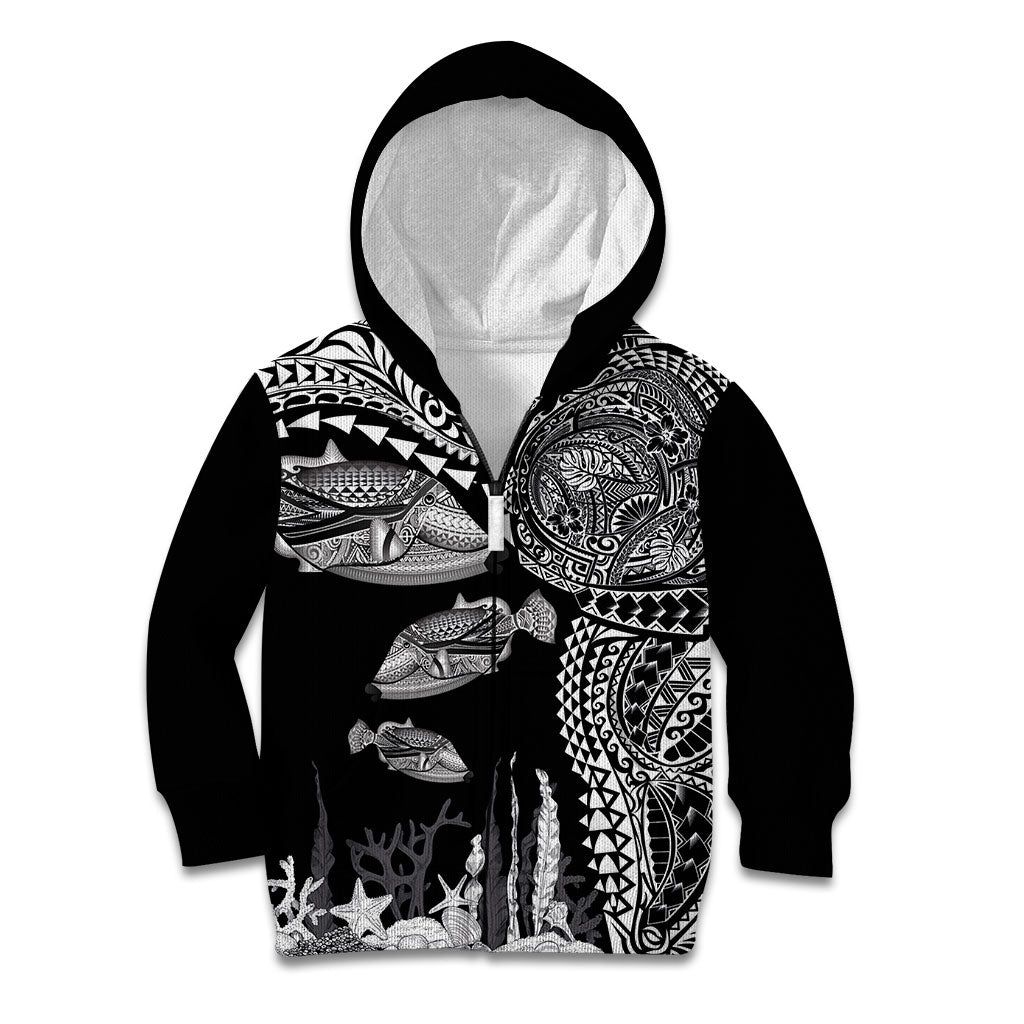 Hawaiian Reef Triggerfish Kid Hoodie Polynesian Art with Tribal Humuhumunukunukuapua'a LT03 Zip Hoodie Black - Polynesian Pride