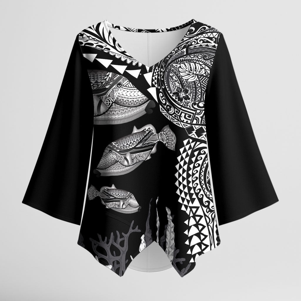 Hawaiian Reef Triggerfish Kimono Sleeve Blouse Polynesian Art with Tribal Humuhumunukunukuapua'a LT03 Female Black - Polynesian Pride