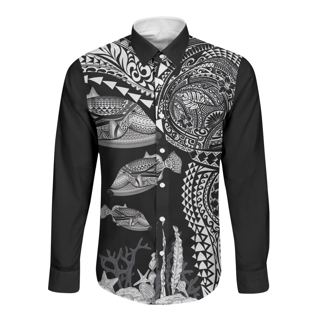Hawaiian Reef Triggerfish Long Sleeve Button Shirt Polynesian Art with Tribal Humuhumunukunukuapua'a LT03 Unisex Black - Polynesian Pride