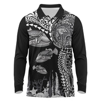 Hawaiian Reef Triggerfish Long Sleeve Polo Shirt Polynesian Art with Tribal Humuhumunukunukuapua'a LT03 Black - Polynesian Pride