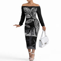Hawaiian Reef Triggerfish Off The Shoulder Long Sleeve Dress Polynesian Art with Tribal Humuhumunukunukuapua'a LT03 Women Black - Polynesian Pride
