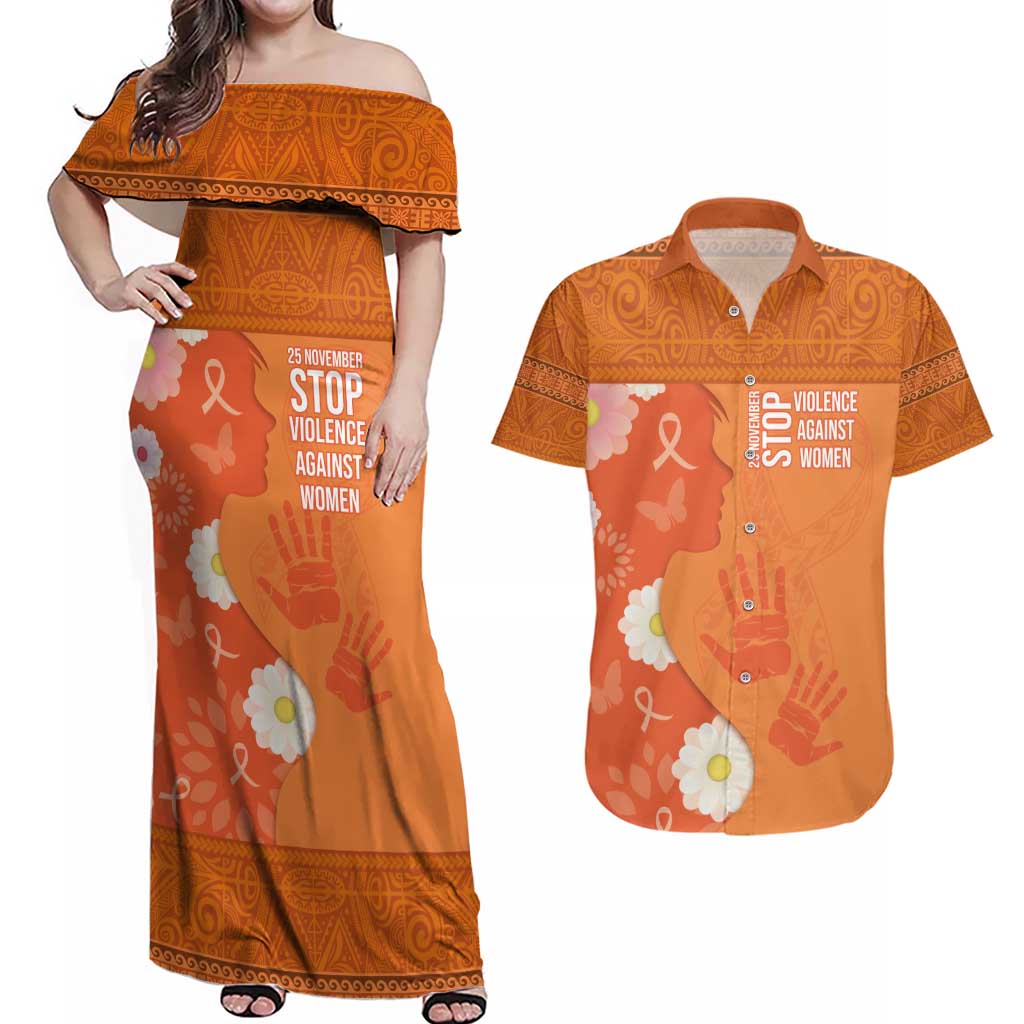 International Day for the Elimination of Violence Against Women Couples Matching Off Shoulder Maxi Dress and Hawaiian Shirt Polynesian Pattern