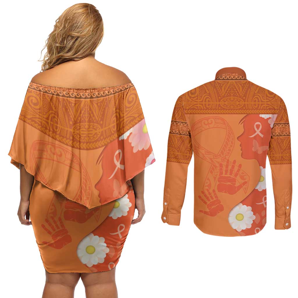 International Day for the Elimination of Violence Against Women Couples Matching Off Shoulder Short Dress and Long Sleeve Button Shirt Polynesian Pattern