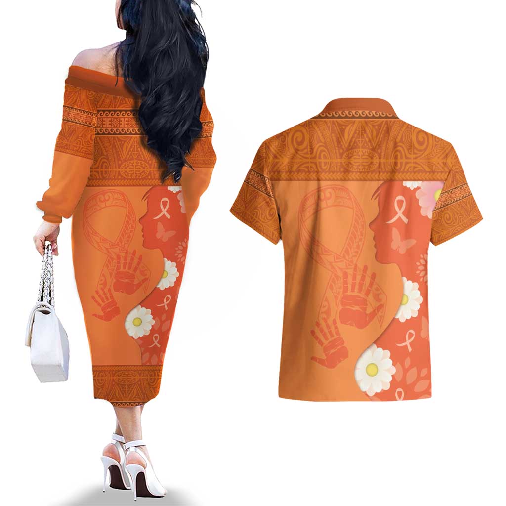 International Day for the Elimination of Violence Against Women Couples Matching Off The Shoulder Long Sleeve Dress and Hawaiian Shirt Polynesian Pattern