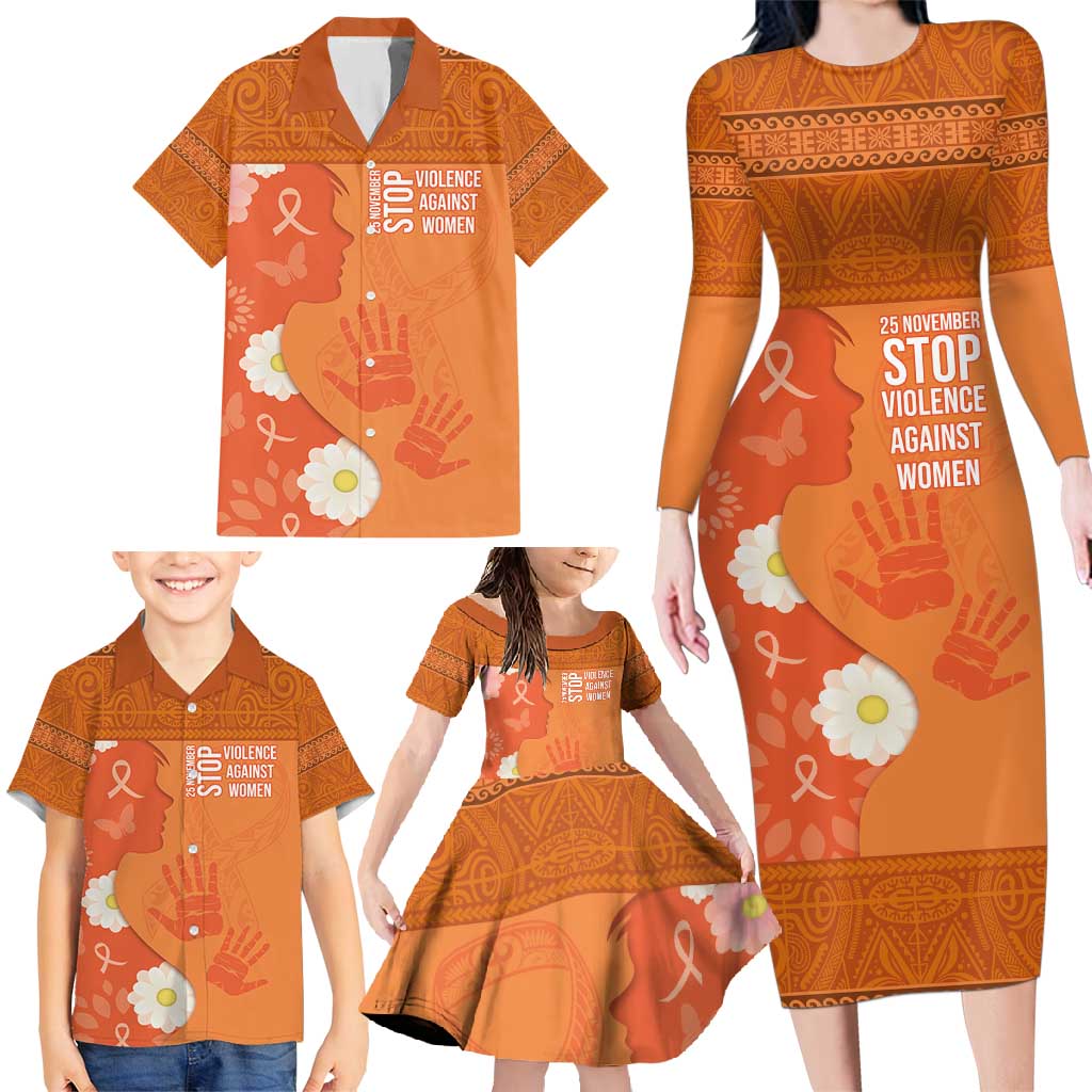 International Day for the Elimination of Violence Against Women Family Matching Long Sleeve Bodycon Dress and Hawaiian Shirt Polynesian Pattern