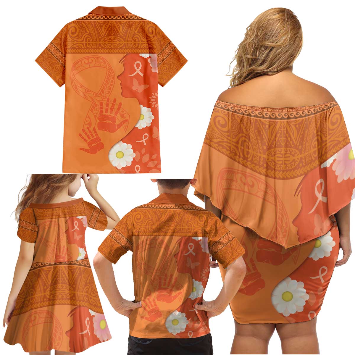 International Day for the Elimination of Violence Against Women Family Matching Off Shoulder Short Dress and Hawaiian Shirt Polynesian Pattern