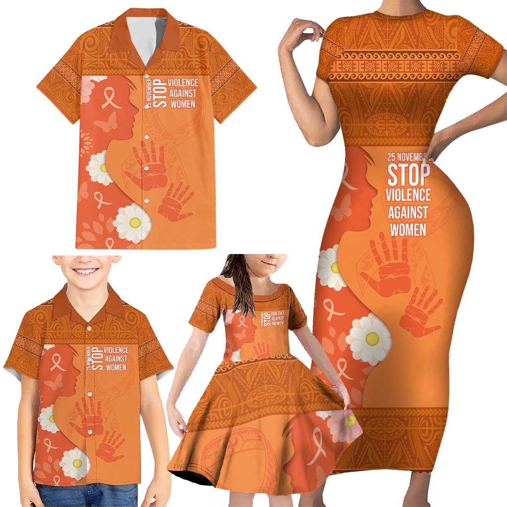 International Day for the Elimination of Violence Against Women Family Matching Short Sleeve Bodycon Dress and Hawaiian Shirt Polynesian Pattern