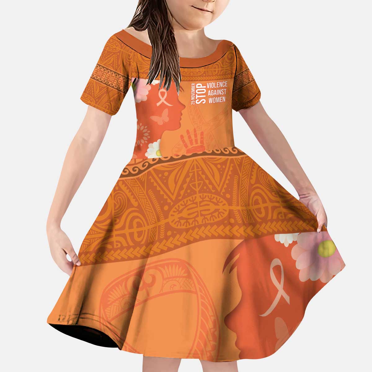 International Day for the Elimination of Violence Against Women Kid Short Sleeve Dress Polynesian Pattern