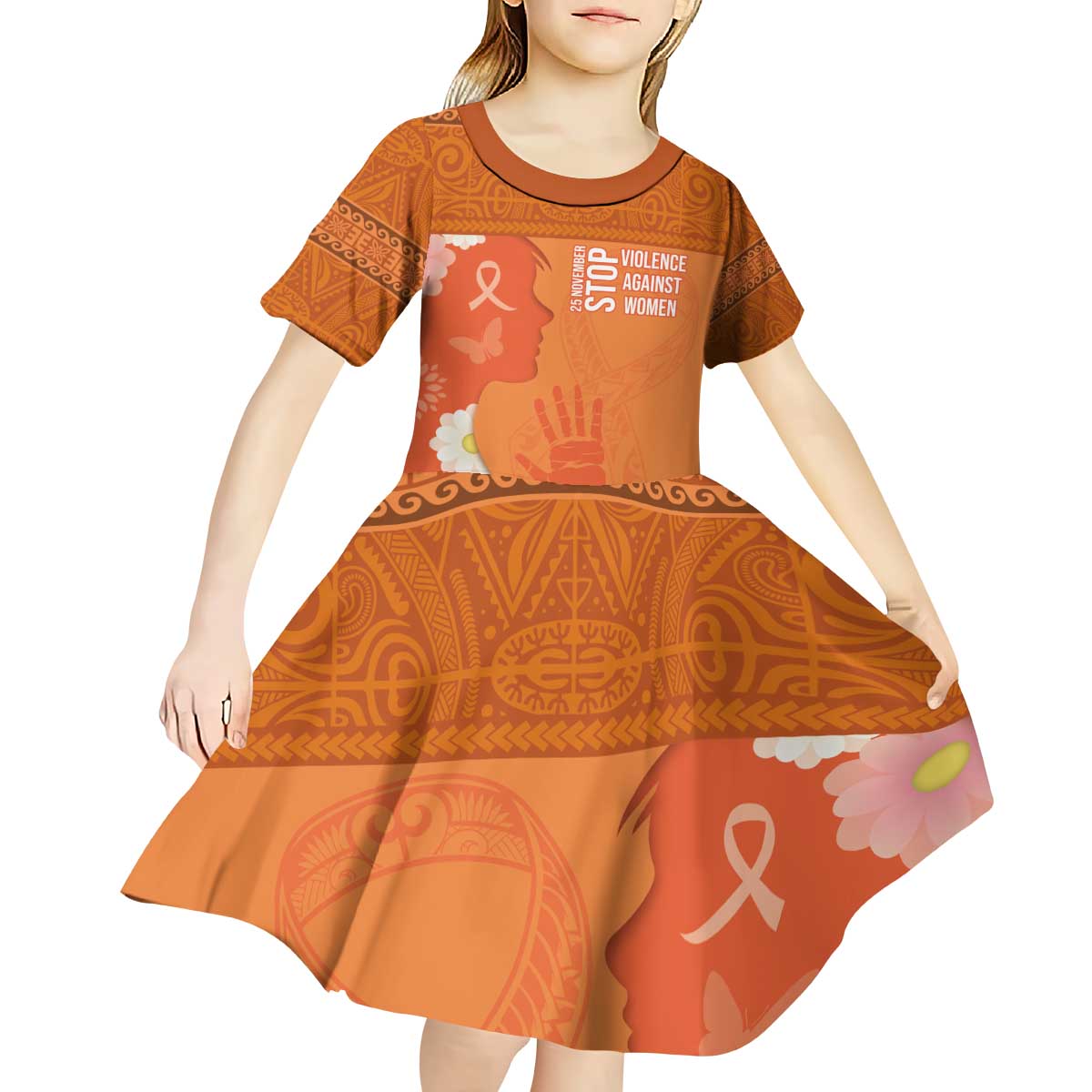International Day for the Elimination of Violence Against Women Kid Short Sleeve Dress Polynesian Pattern