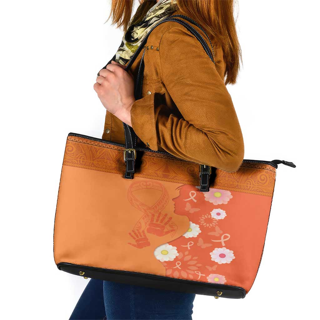 International Day for the Elimination of Violence Against Women Leather Tote Bag Polynesian Pattern LT03 Orange - Polynesian Pride