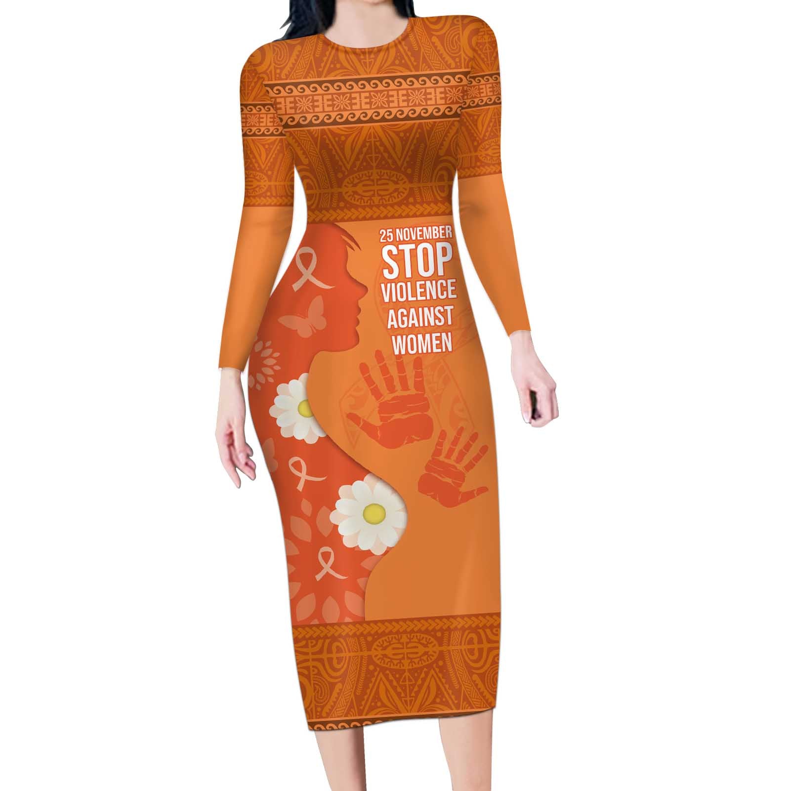 International Day for the Elimination of Violence Against Women Long Sleeve Bodycon Dress Polynesian Pattern