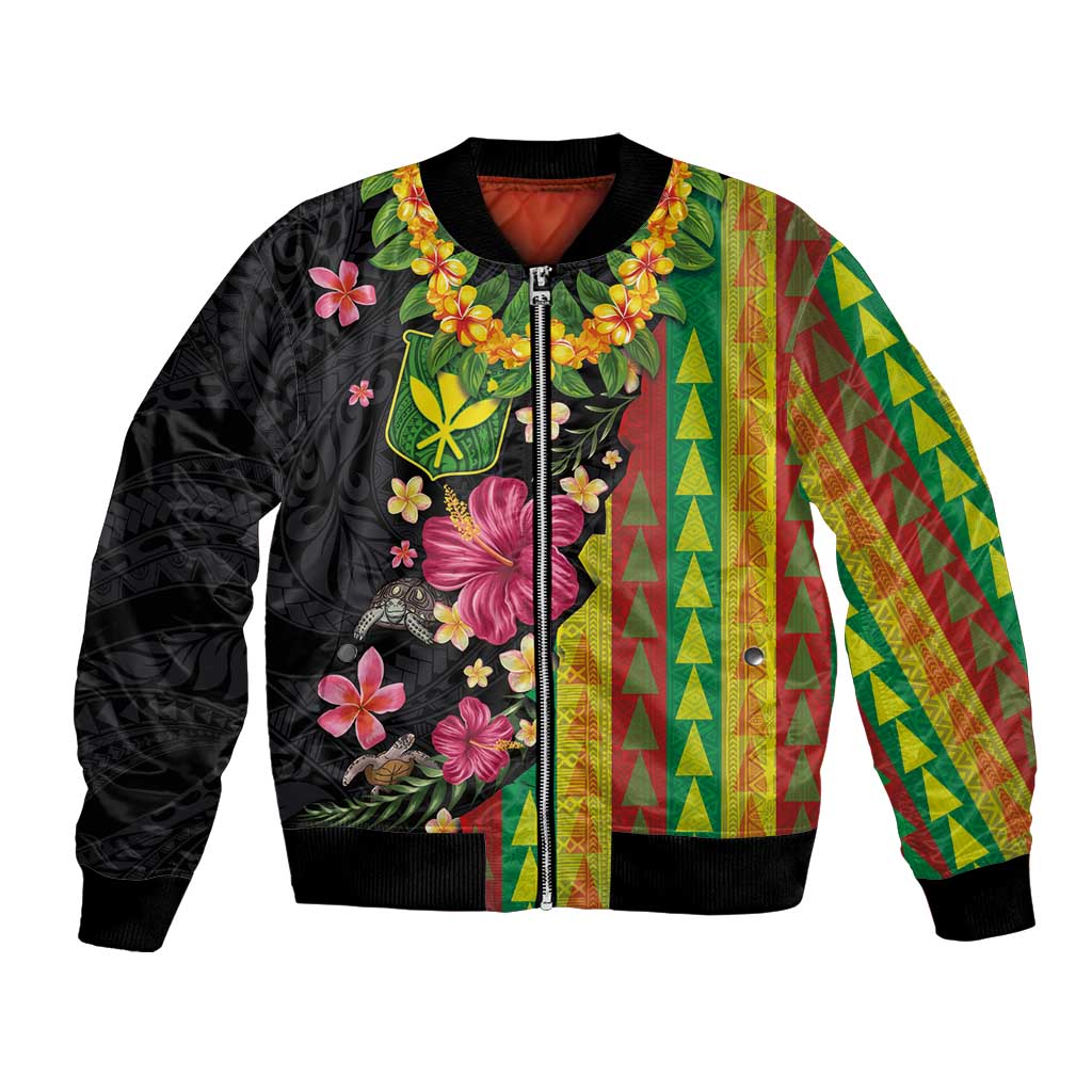 Hawaiian Independence Day Bomber Jacket Kanaka Maoli Symbols With Tapa Motifs and Tropical Plants - Polynesian Pride