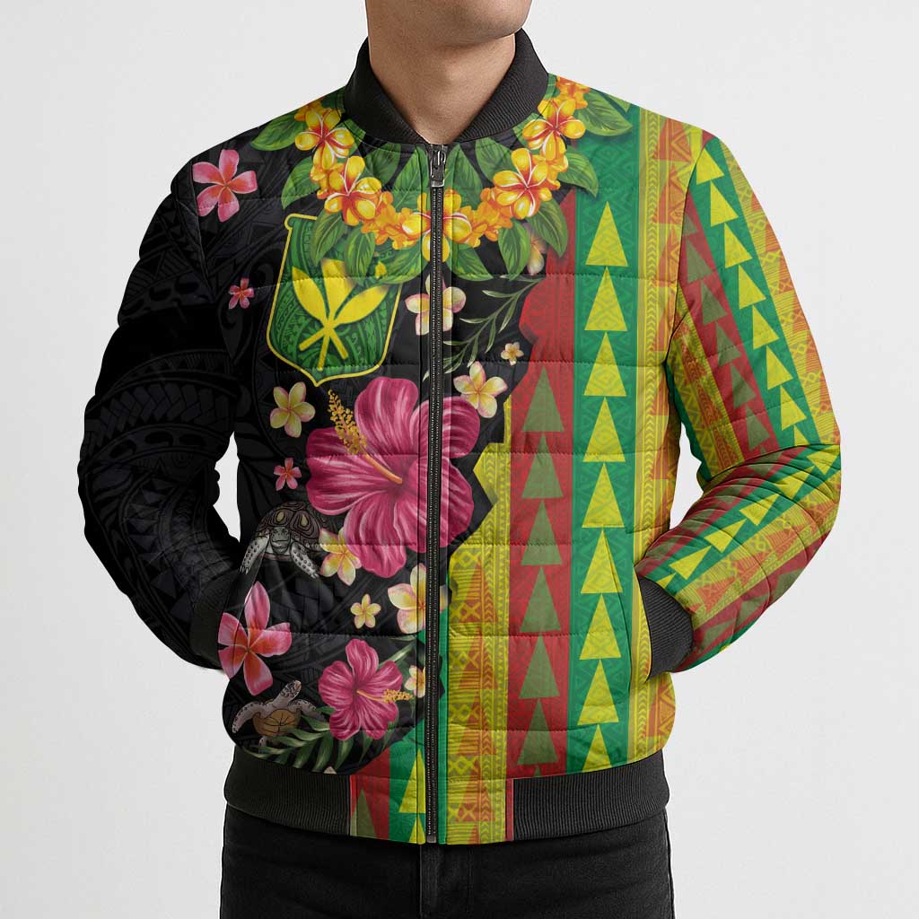 Hawaiian Independence Day Bomber Puffer Jacket Kanaka Maoli Symbols With Tapa Motifs and Tropical Plants - Polynesian Pride