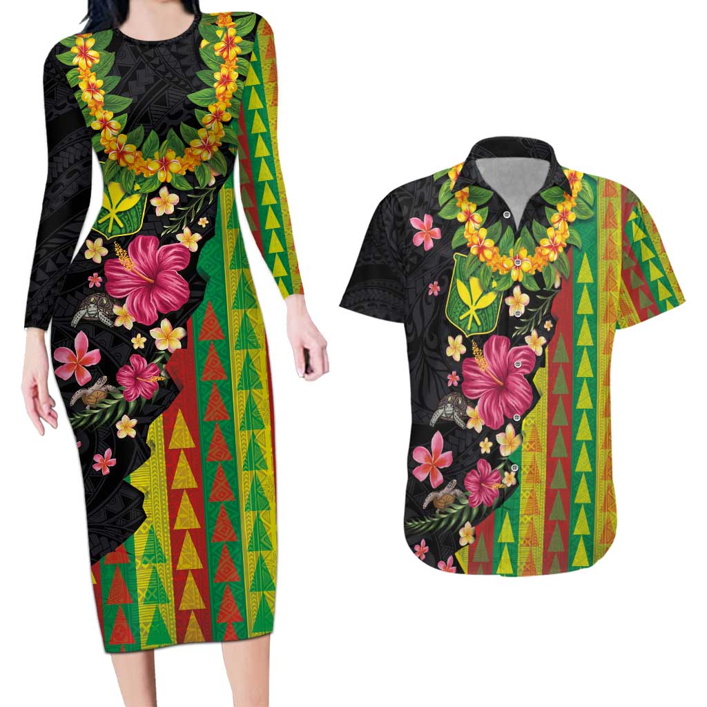 Hawaiian Independence Day Couples Matching Long Sleeve Bodycon Dress and Hawaiian Shirt Kanaka Maoli Symbols With Tapa Motifs and Tropical Plants - Polynesian Pride