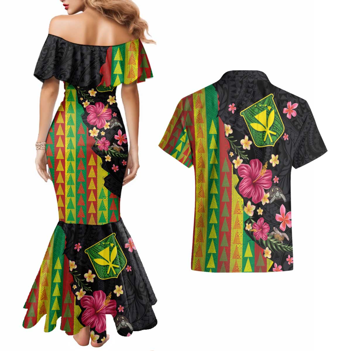Hawaiian Independence Day Couples Matching Mermaid Dress and Hawaiian Shirt Kanaka Maoli Symbols With Tapa Motifs and Tropical Plants - Polynesian Pride