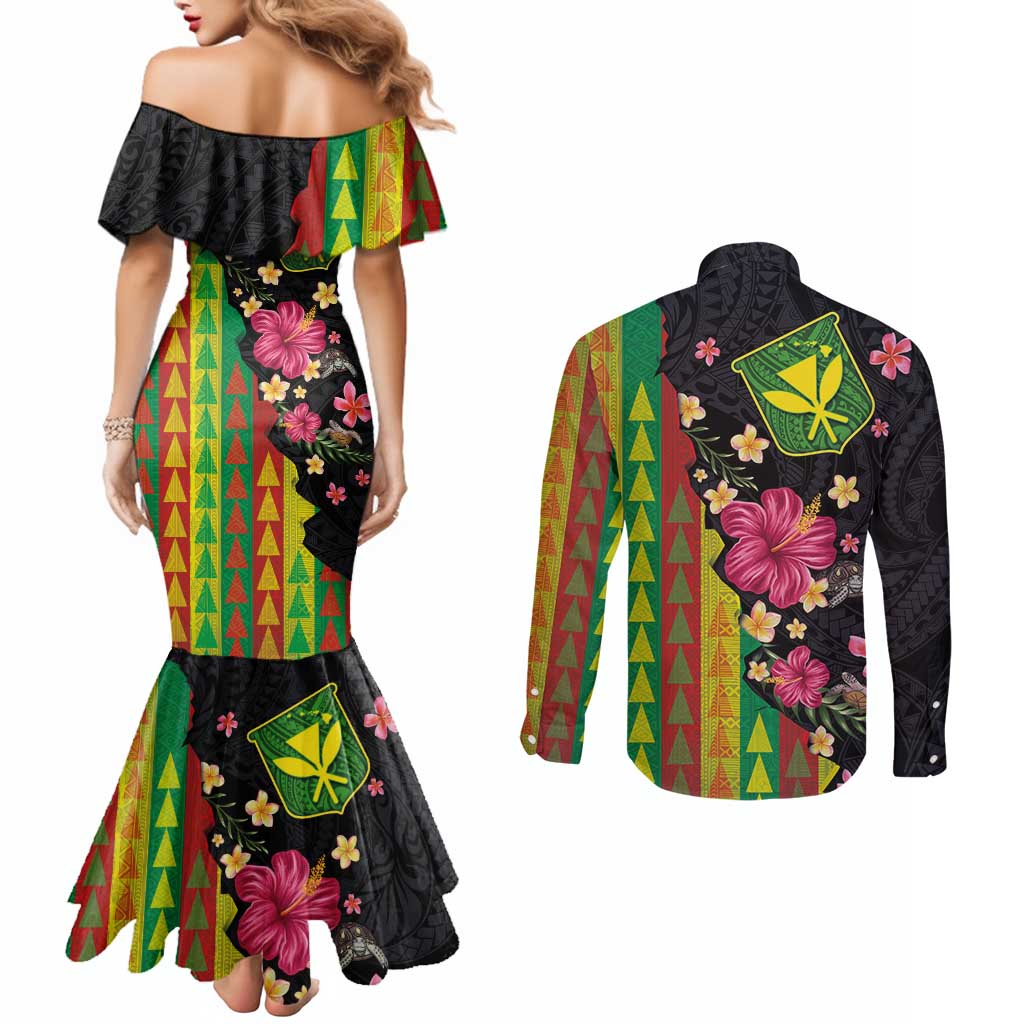 Hawaiian Independence Day Couples Matching Mermaid Dress and Long Sleeve Button Shirt Kanaka Maoli Symbols With Tapa Motifs and Tropical Plants - Polynesian Pride