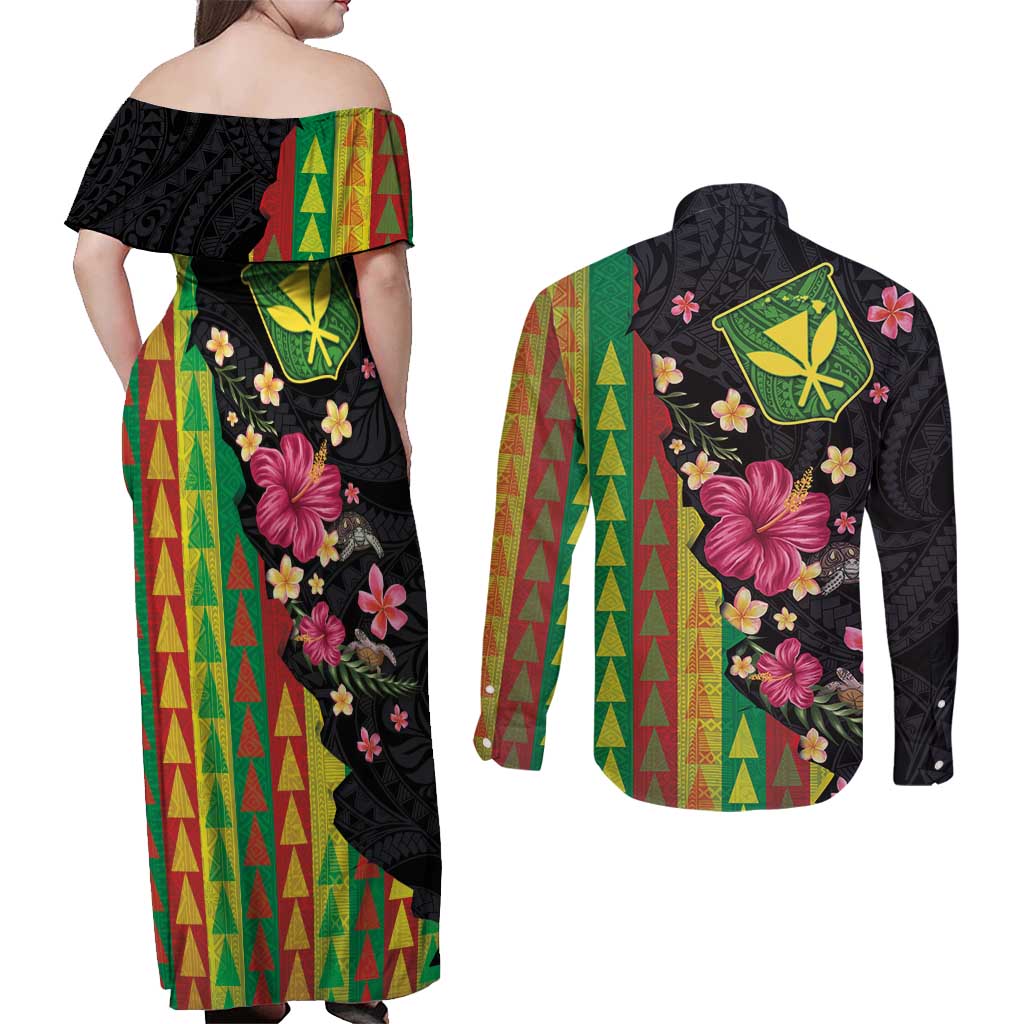 Hawaiian Independence Day Couples Matching Off Shoulder Maxi Dress and Long Sleeve Button Shirt Kanaka Maoli Symbols With Tapa Motifs and Tropical Plants - Polynesian Pride